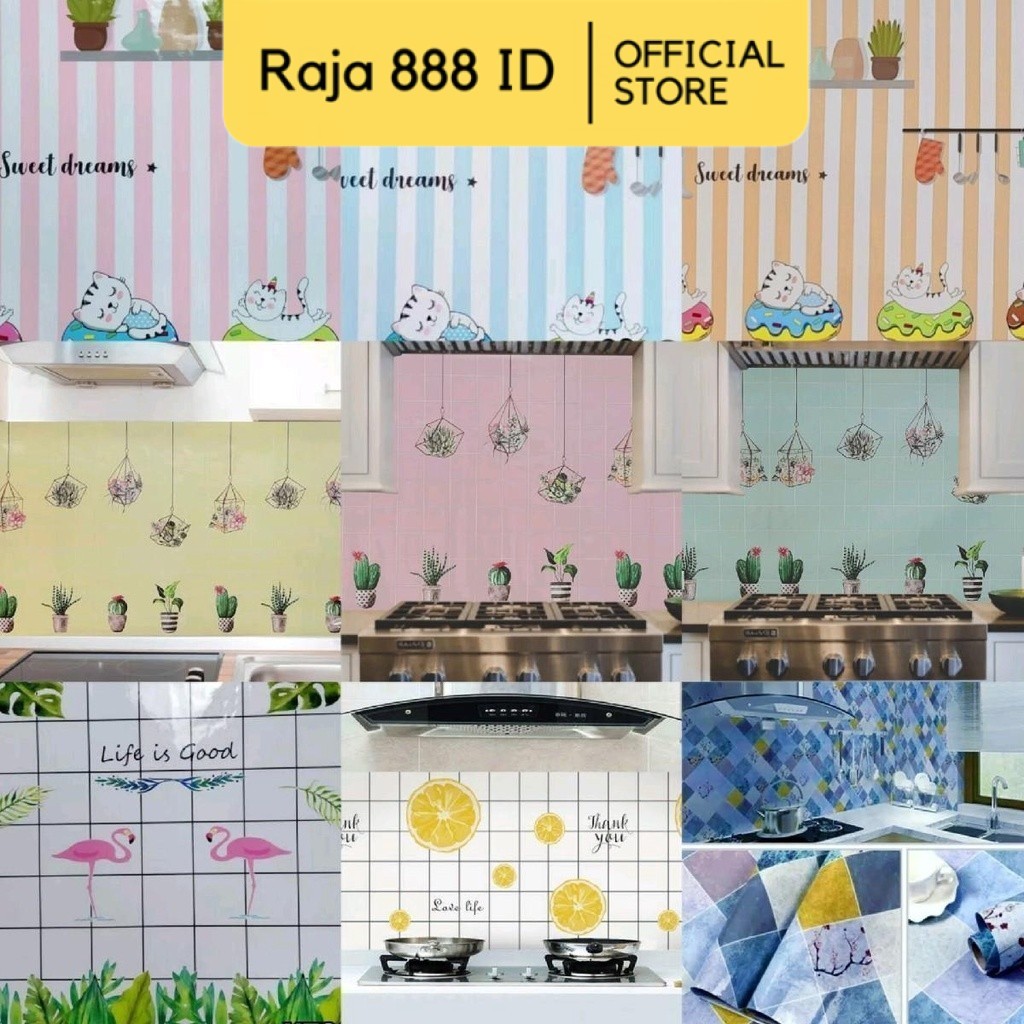 [10 Motif] Wallpaper Glossy Stiker Alumunium Foil Dinding Anti Minyak Panas 5 meter Garis Biru Pink 