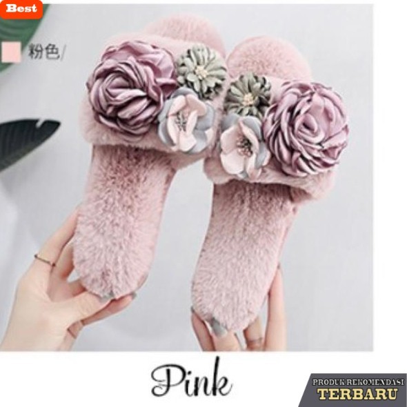 sandal wanita trend sekarang Sandal Rumah wanita motif bunga 3D besar import korea - pink, 41-42