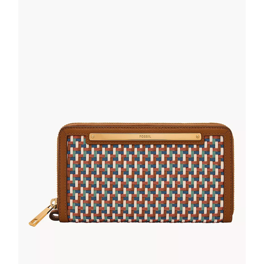 Fossil Liza Leather Zip Clutch Blue Multi Woven Dompet Wanita SL10042-403