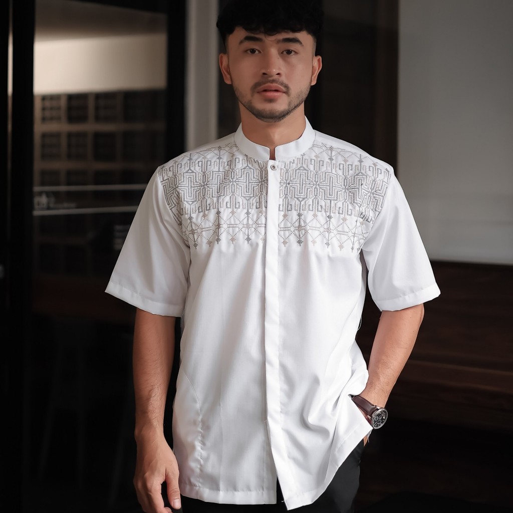 koko.uzma Baju koko Kemeja Sanghai Katun Putih Polos Pria Dewasa Lengan Pendek Baju Koko Putih Polos