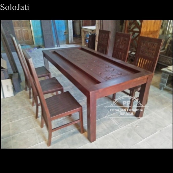 

set Meja makan panjang 2x1 meter kursi 6 kayu jati ukir sederhana murah