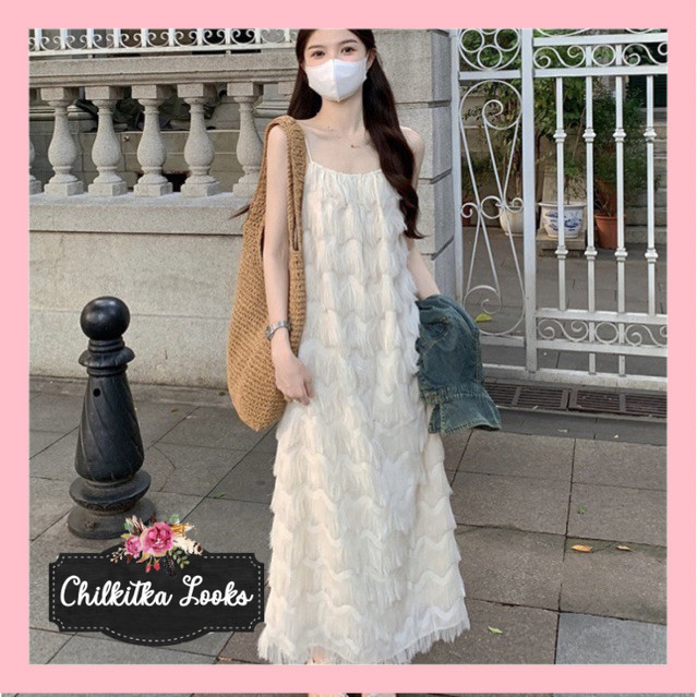 CHILKITKA LOOKS KOREAN FASHION GAUN PANJANG LONG WHITE MAXI DRESS TANK BEACH WEAR MX255