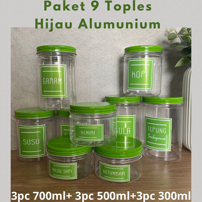 Paket Hemat 9 Toples Bumbu dapur Tutup Hijau Alukunium Kedap udara Free Stiker Anti air