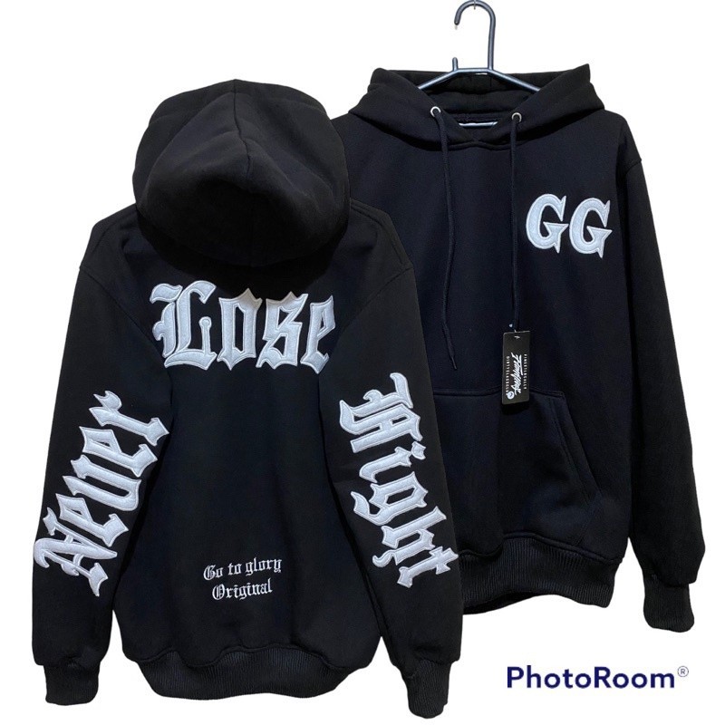 Hoodie Pria Tulisan Belakang Keren Full Bordir Jaket Sweater Viral Terbaru GG Never Lose Fight (Unis