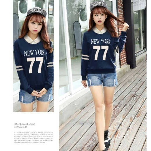 Baju Sw hem NY OX Sweater Wanita babytery Navy Kekinian