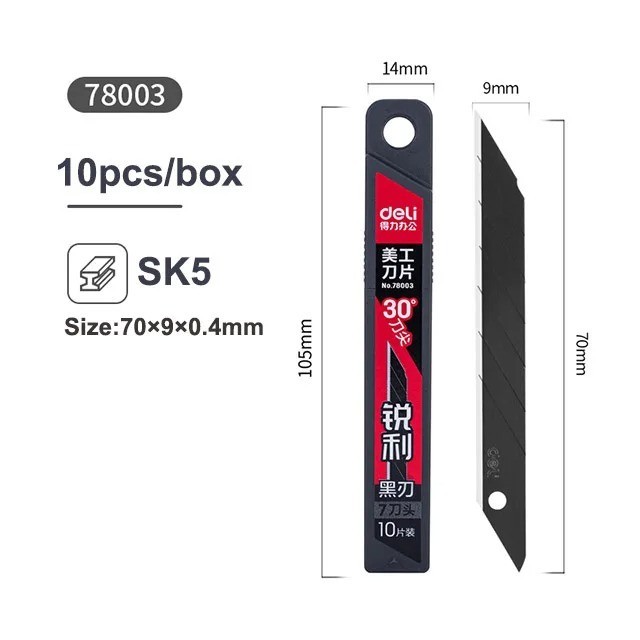 

Deli Pisau Cuter Knife Blades Alloy Steel SK5 9mm 10 PCS 70 mm - 78002/78003 - Black