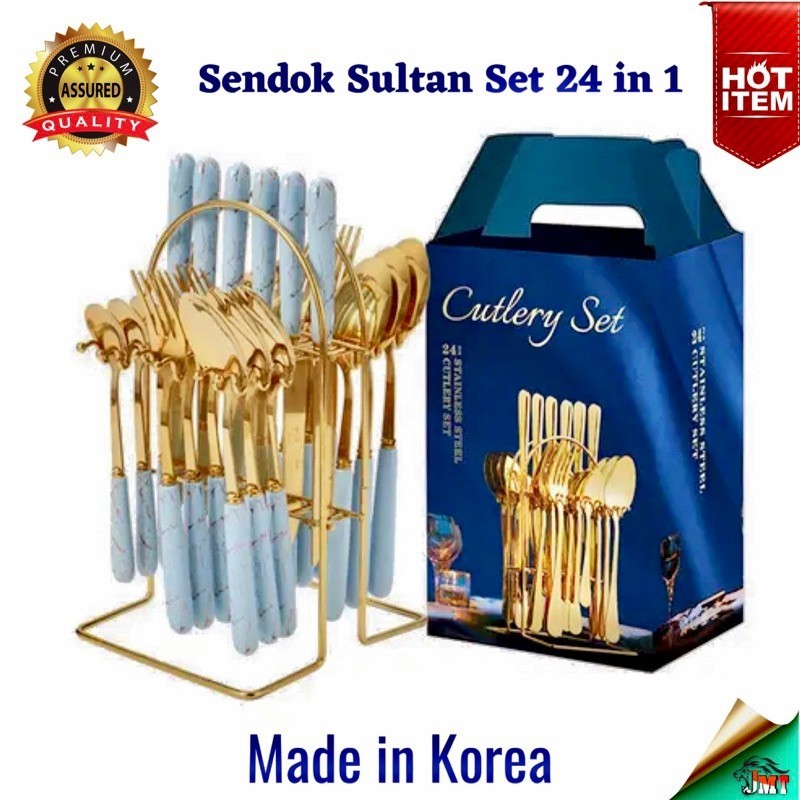 Sendok Set Keramik Sultan Cutlery Set 24 IN 1 - Sendok Set Emas  Desain Mewah Sendok Korea Set Sendo