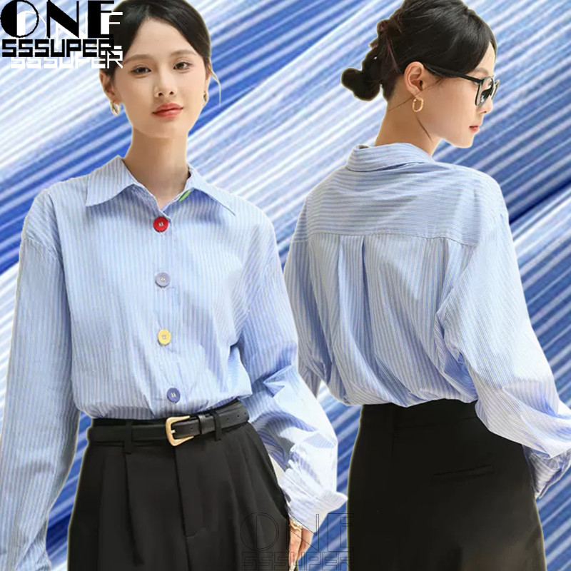 Kemeja lengan panjang wanita ala Korea Tombol berwarna-warni gaya kampus kemeja Kemeja kerah V longg