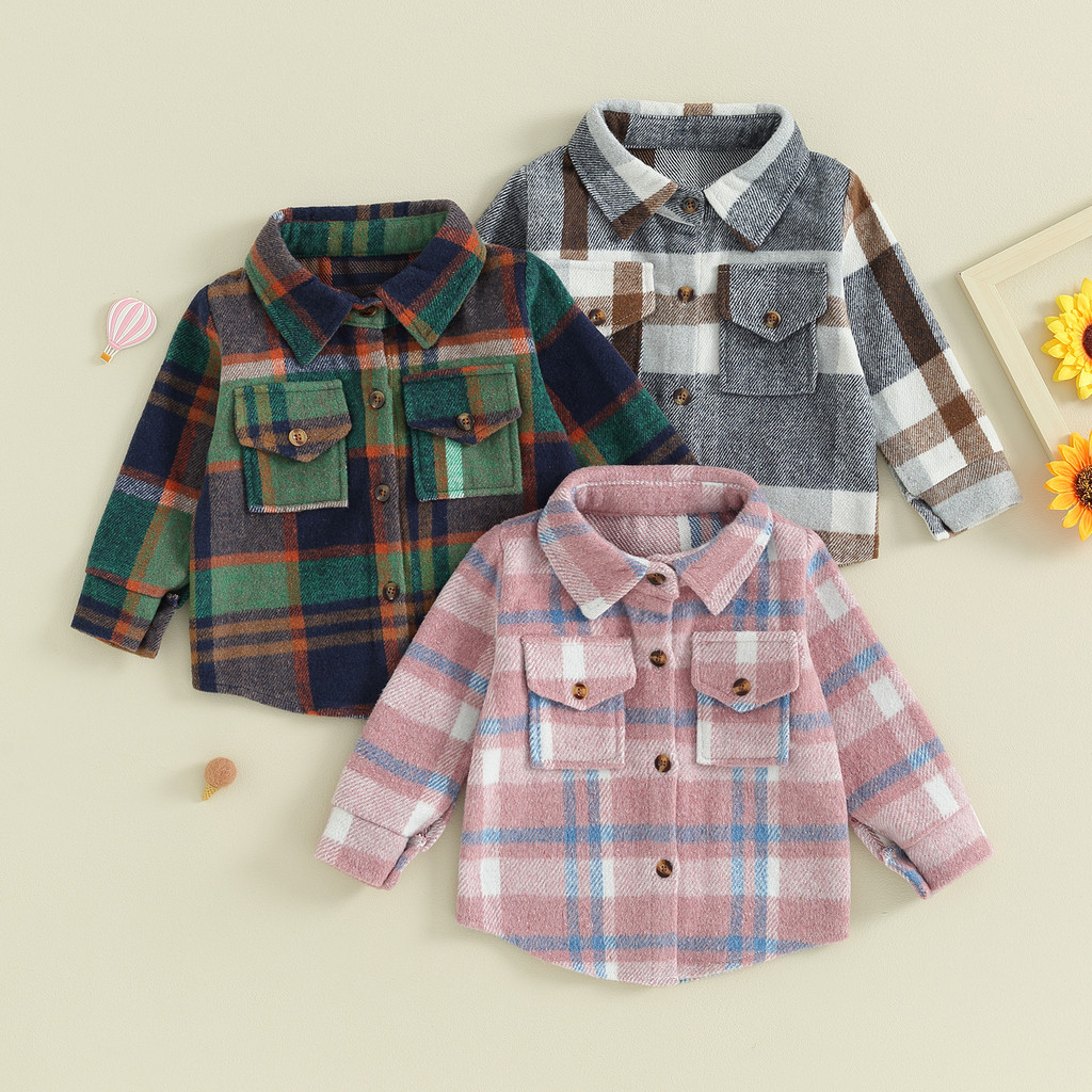 Infant Baby Boys Girls Plaid Flannel Shirts Long Sleeve Coats Button Down Pocket Jackets Toddler Cot