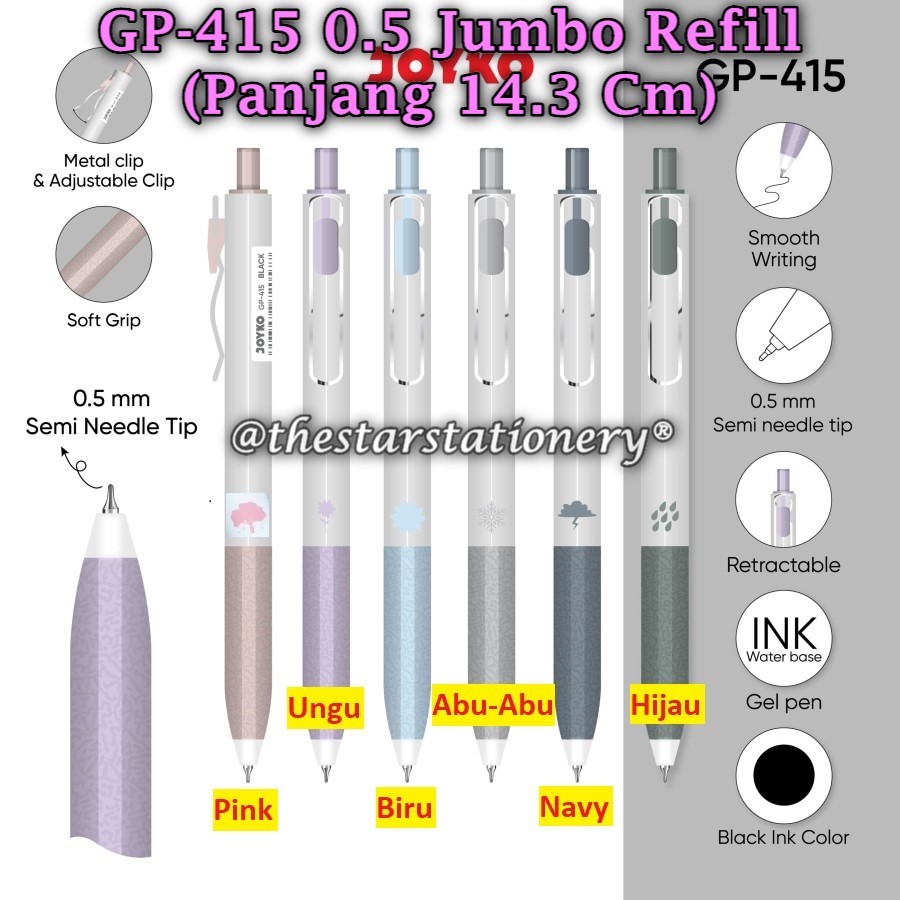 

(1 Biji) Gelpen JOYKO GP-415 0.5 mm Black / Gel Pen Pulpen Pena Joyko GP-415 Jumbo Refill (1 Biji)