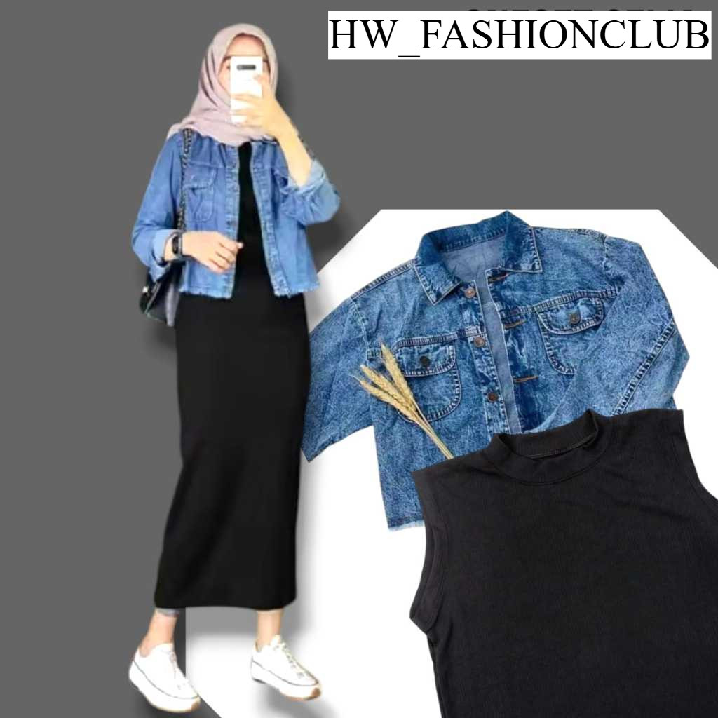 HW FASHION SETELAN WANITA INNER DRESS RAJUT+ JAKET JEANS oneset selia jaket dan iner satu set biru h