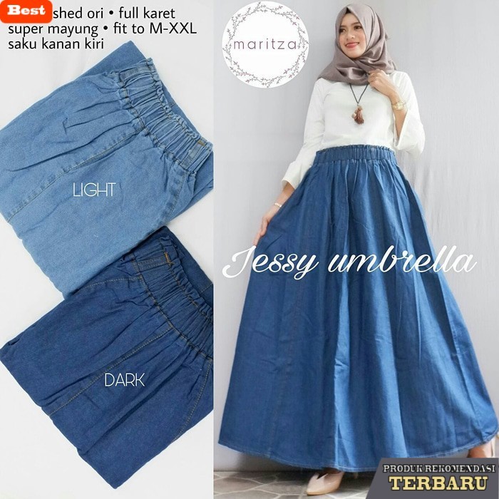 rok wanita kekinian Rok Panjang Wanita Umbrella Jeans Denim Remaja & Dewasa - Dark Blue