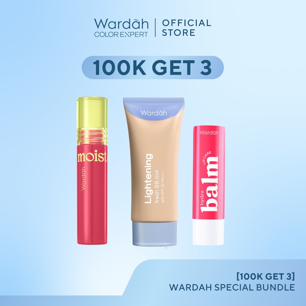 [100K GET 3] WARDAH Lightening Fresh BB Tint 15 ml + Liptint Moist Dew Tint 3 g + Hydrabalm Lip Care