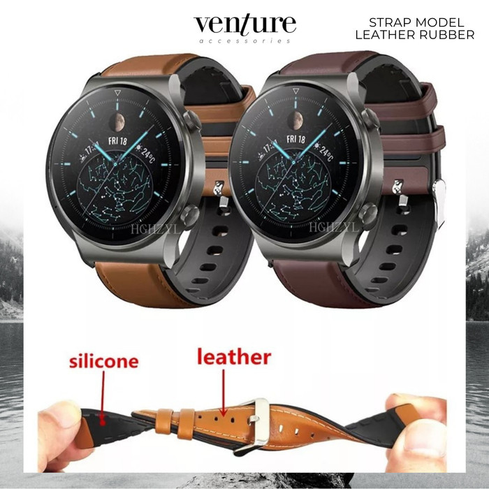 [[Premium]] TALI JAM STRAP KULIT LEATHER RUBBER HUAWEI GT 2 PRO 46MM 22MM - Brown