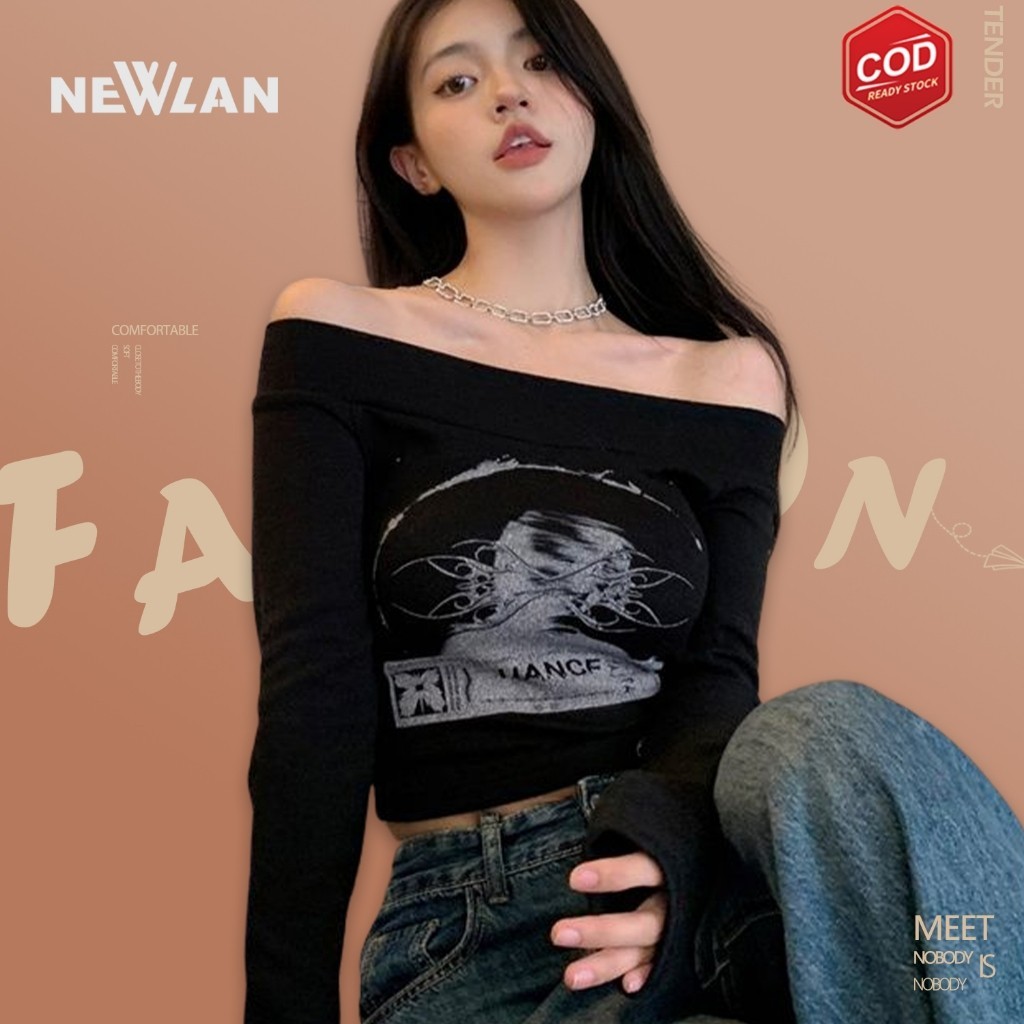 Newlan ZZ087 Longsleeve off shoulder lengan panjang hitam/slim fit Crop Top Korea Kaos baju wanita s