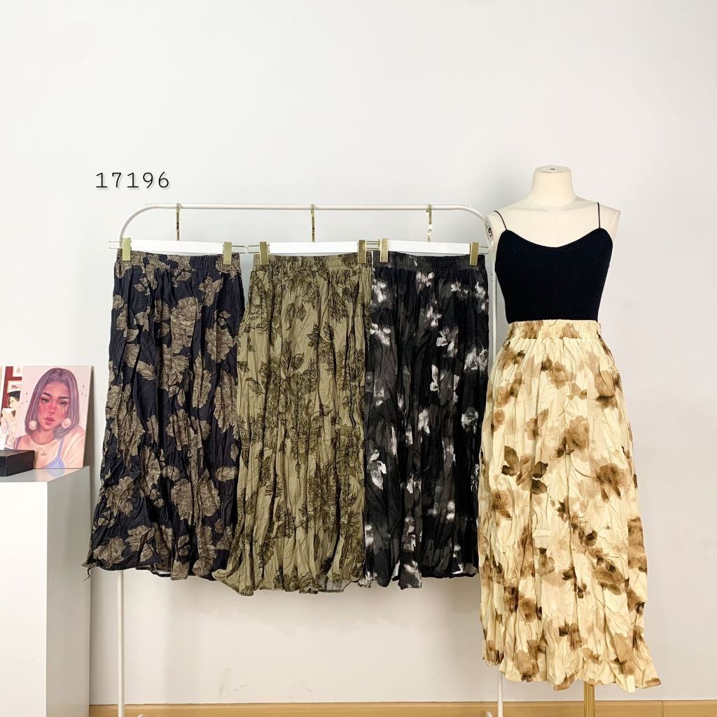 ROK A KATUN LEBAR MOTIF BUNGA / ABSTRAK BUNGA RANDOM PINGGANG FULL KARET KELILING PREMIUM WANITA BAW