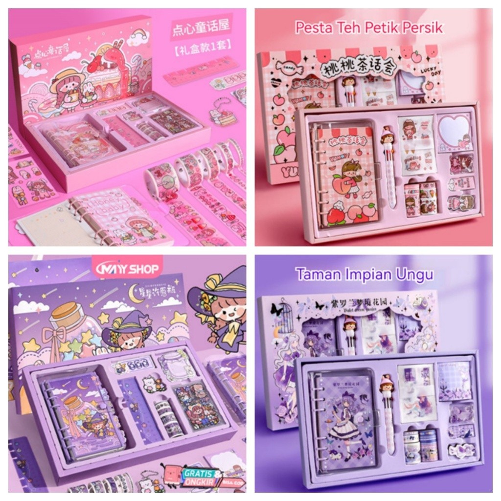 

COD Paket Jurnal Set/Gift Box Hampers anak/Hadiah / Notebook Journal Diary / 6 in 1 Boba Alat Buku Tulis Lengkap Scrapbook Cute Girl Sanrio Cinnamoroll My Melody Kuromi Panda Peach Kelinci Duffy Cat Sweetheart Cake Shop Import Grosir Ready COD