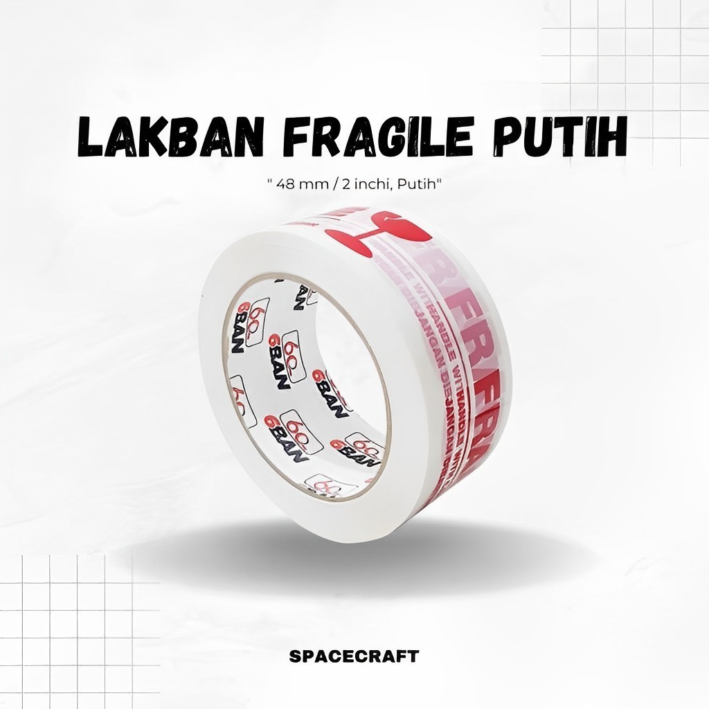 

Rmdodo - Lakban Fragile Putih 48mm x 100 Yard Satuan [1 Pcs Lakban]/ Solatip Fragile 6BAN / Solasi Fragile Putih / Lakban Packing Barang Pecah Belah