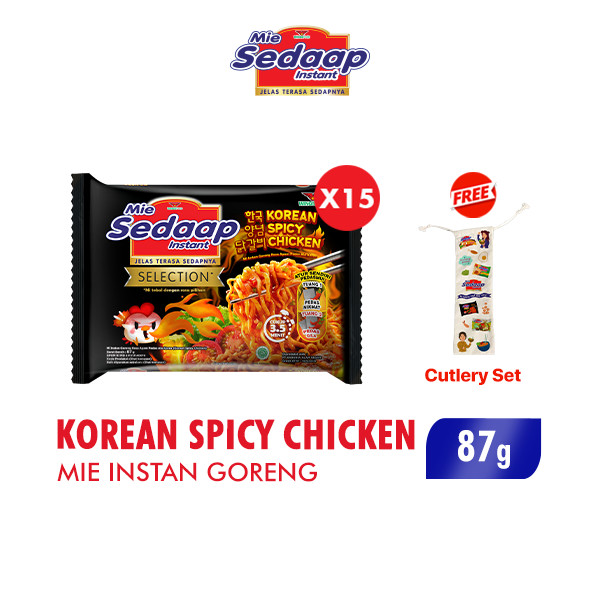 Sedaap Mie Instan Korean Spicy Chicken Bag 87 gr x15 Free Cutlery Set