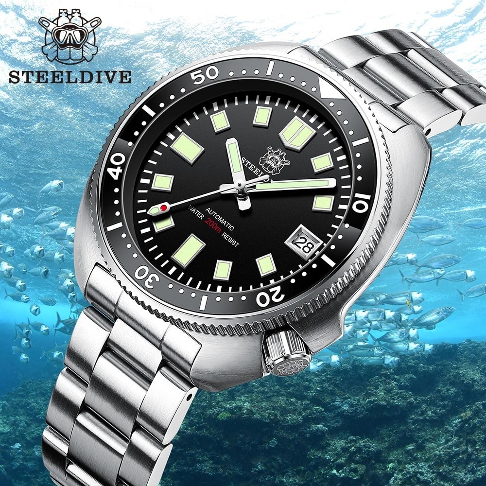 Jam Tangan Pria Steeldive SD1970 White Date Background 200M Wateproof NH35 6105 Turtle Automatic Div