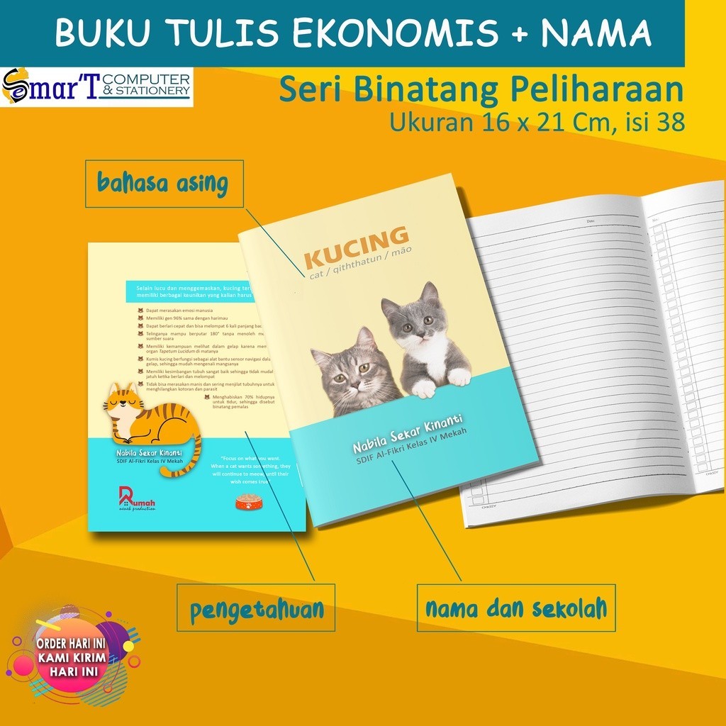 

Buku Tulis 38 Lembar Cover Binatang / Custom Nama Sendiri