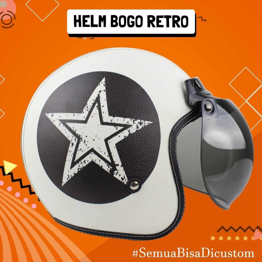 PROMO!! Helm Retro Bogo Kulit Dewasa BW Star Kaca Bubble Hallface Helmet