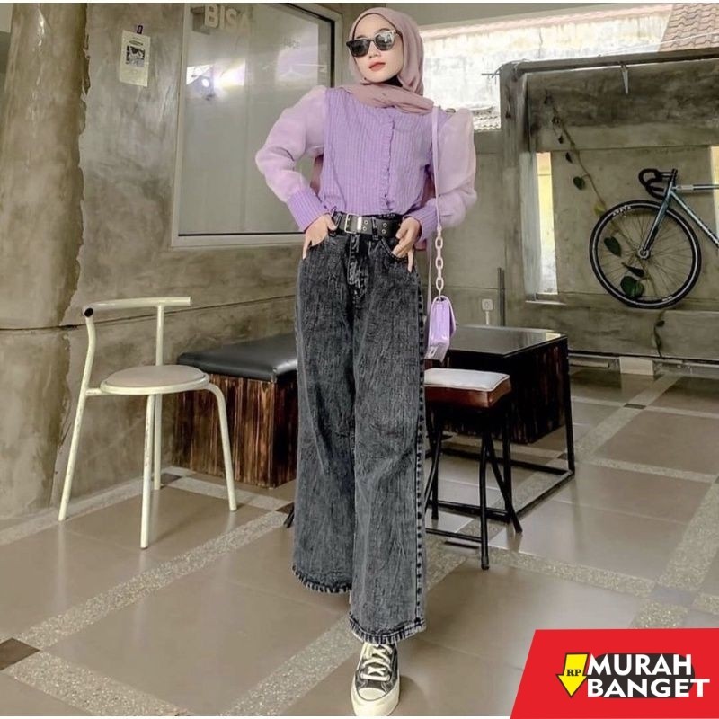 Celana Denim Wanita Terbaru- Highwaist Celana Kulot Lipat Jeans Denim Cewek Celana Kulot Loose Jeans