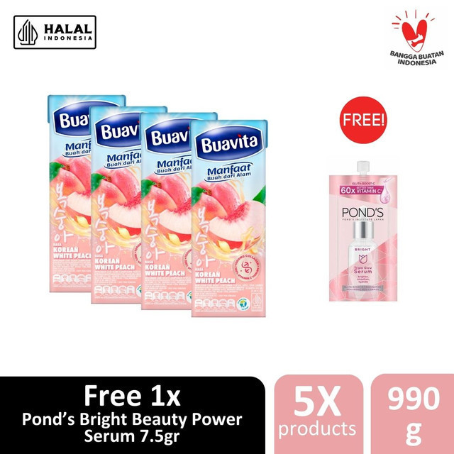 Beli 4 Buavita Korean White Peach 245ml GRATIS Pond's Bright Beauty Power Serum 7,5gr