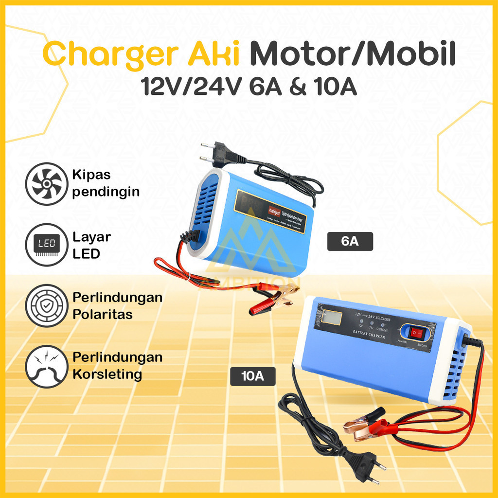 [Bisa Bayar Ditempat] Charger Aki Mobil Motor Lead Acid 12-24V 10A with LCD - UD21 - Blue