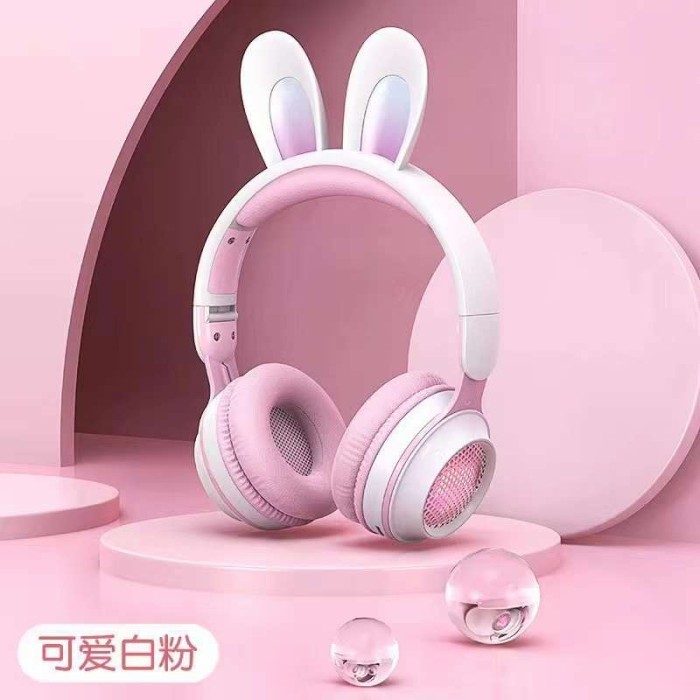 Andar Headset Anak Bluetooth Wireless Telinga Kelinci Lucu Headphone Pink - Putih