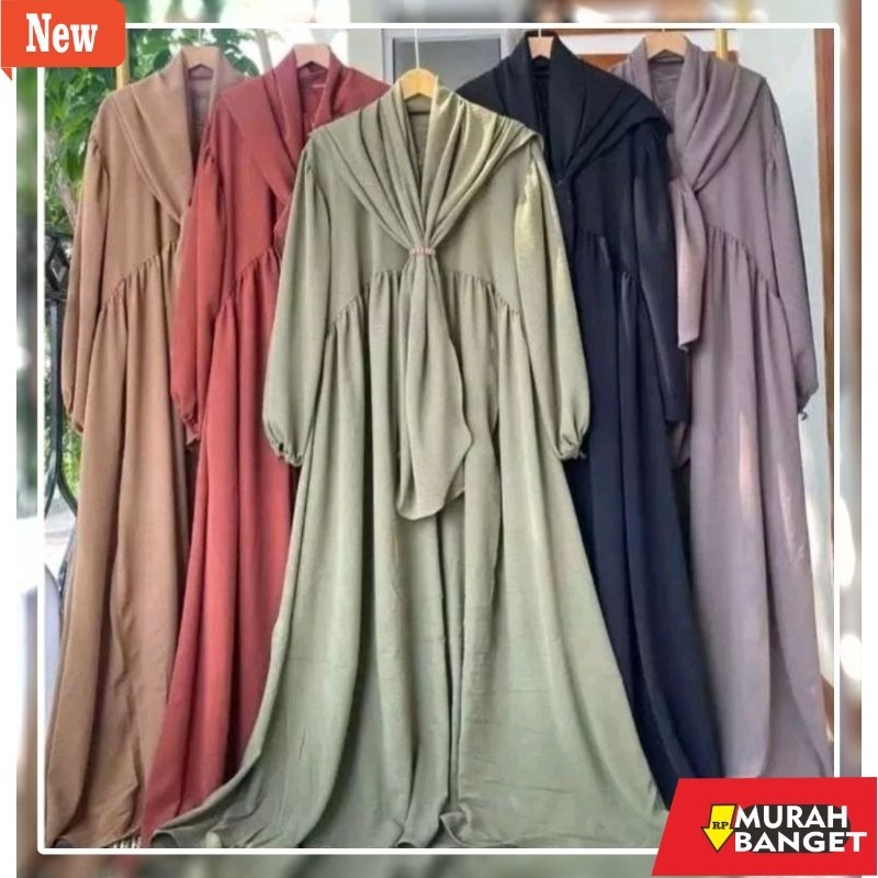 Gamis wanita untuk lebaran- Gamis Luna Bonus Hijab Syar'i Gamis Wanita Bahan Crinkle Airflow Ada Kan
