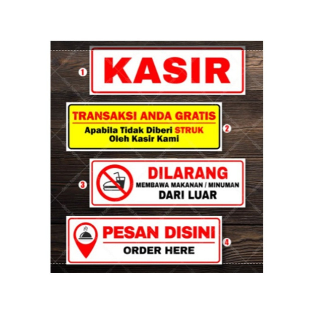 

STICKER KASIR, TRANSAKSI GRATIS, DILARANG MEMBAWA MAKANAN, PESAN DISINI