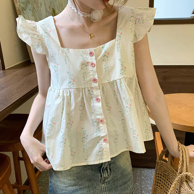 Rompi bunga kemeja gaya Korea atasan tanpa lengan pendek wanita