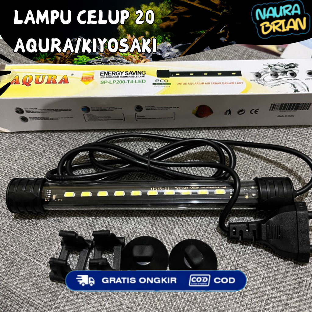 Lampu Celup 20cm AQURA KIYOSAKI T4-20 lampu Aquarium kecil putih biru pink ikan Cupang chana glo fis