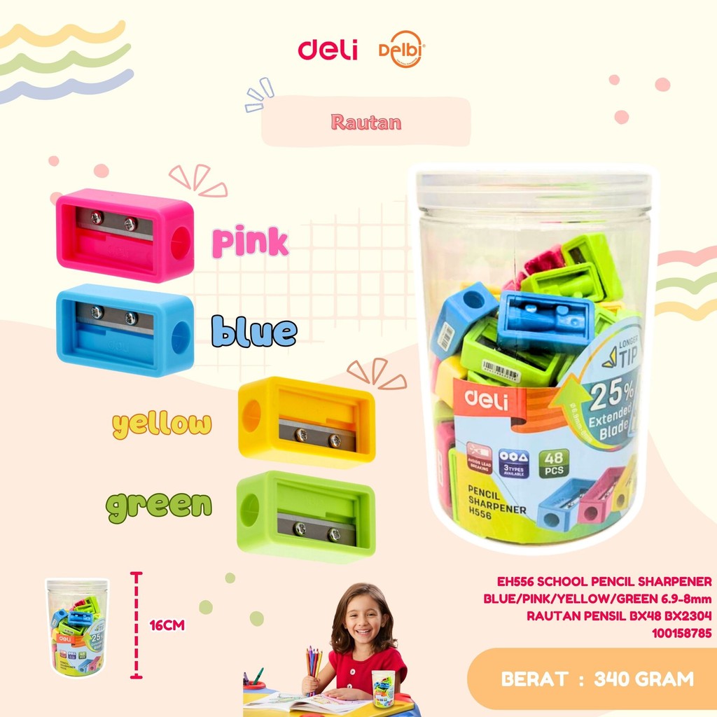 

DELI EH556 SCHOOL PENCIL SHARPENER BLUE/PINK/YELLOW/GREEN 6.9-8mm RAUTAN PENSIL