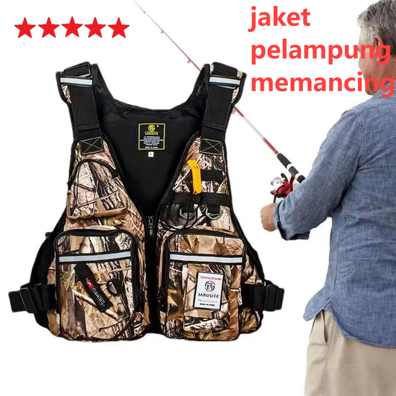 Rompi Pancing Lure Fishing Life Jacket Buoyancy Luar Vest Army Green Slot Swimming Rescue Boating Me