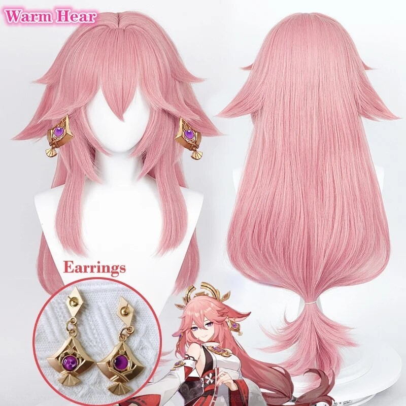 Wig Cosplay Yae Miko kulit kepala tiruan Wig Cosplay Yae Miko Wig wanita pesta rambut Wig + topi Wig