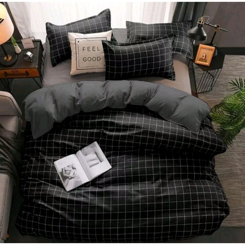 Bedcover + Sprei Set KOTAK HITAM FULL / KOMBINASI POLOS 2 WARNA Komplit 1 Set Selimut Bedcover & Spr