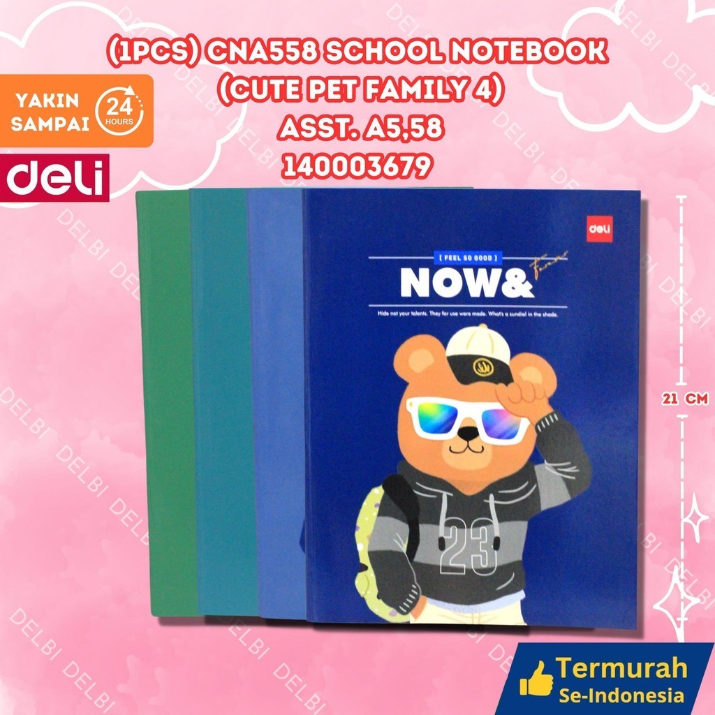 

Deli Writing Book / Notebook / Buku Tulis Sekolah A5/B5 38/42/58 Lembar CNA538 CNA558 CNB542 (1PCS) CNA558 SCHOOL NOTEBOOK (CUTE PET FAMILY 4) ASST.A5,58