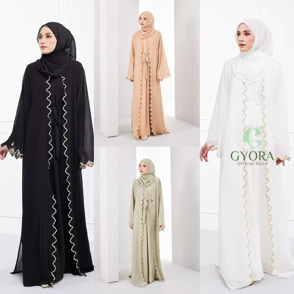 YB23EW GYORA ABAYA SYARI GAMIS HAJI UMROH HITAM PUTIH TURKEY DRESS ABAYA BASIC ARABIAN BORDIR BUSUI 