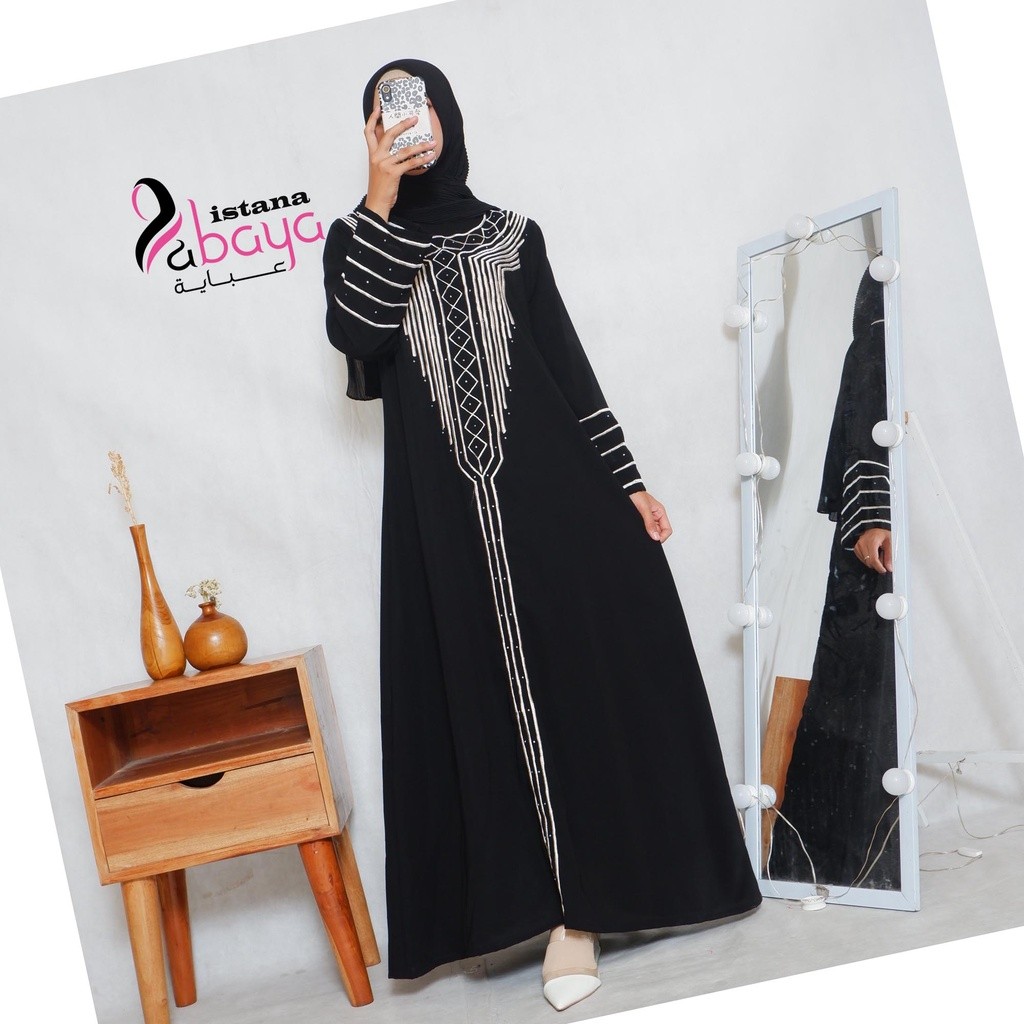 Daviana - Gamis Abaya Bordir Garis2 Alur Putih Minimalis Simpel Elegan Untuk Santri Pesantren 18D10