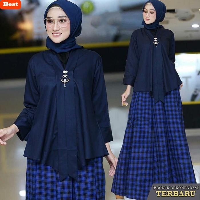 rok wanita kekinian Setelan 2in1 Tunik + Rok Tanpa Pashmina Untuk Wanita Muslim Muslim Kotak Katun M
