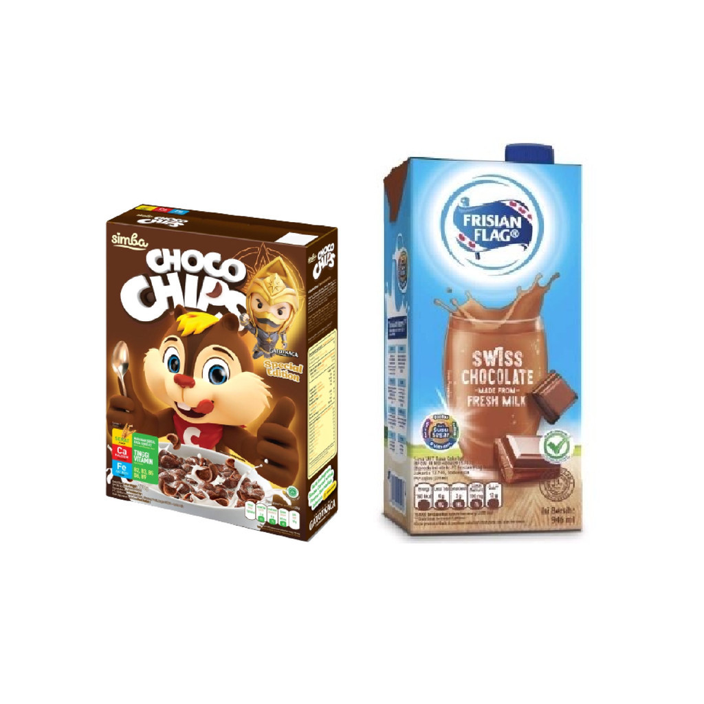 

Simba Choco Chips Sereal Cokelat 170 gr + Frisian Flag Susu UHT Swiss Chocolate 946 mL