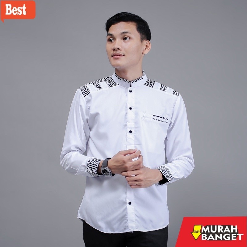 Baju muslim lengan panjang- Baju Koko Kombinasi Batik Motif Catur Lengan Panjang Casual Slimfit