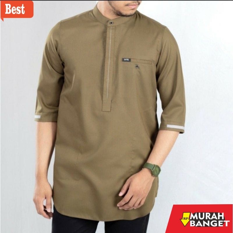 Baju muslim pria pendek- Baju Koko Kurta Pria Lengan 3/4 Army