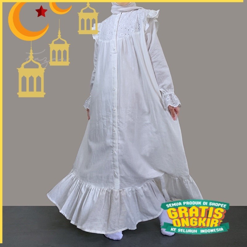 Hajra Daisy Dress Baju Muslim Anak Perempuan bahan Katun Bordir / Gamis Anak warna Putih Tulang / Ba