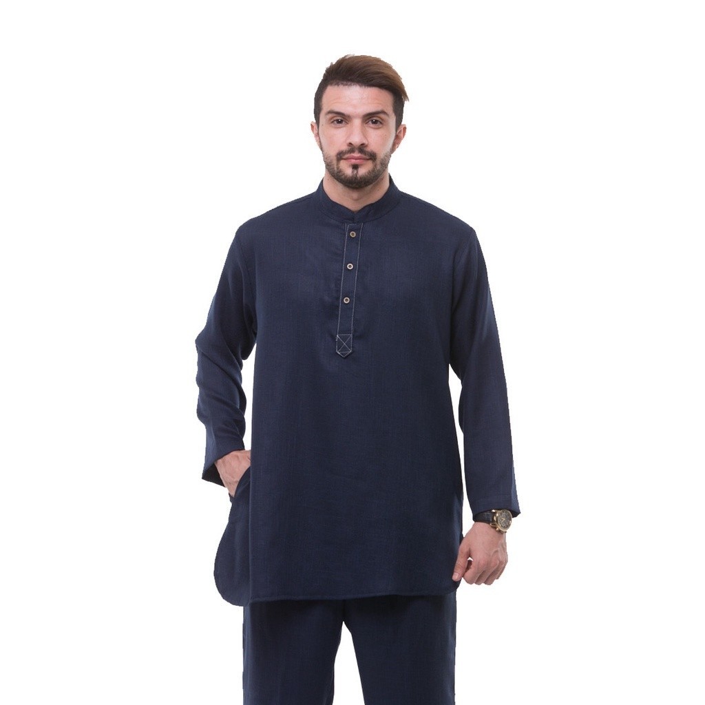 Baju Celana Koko Setelan Hadi Lengan Panjang Set Biru Navy Polos Distro Pakaian Gamis Muslim Pria
