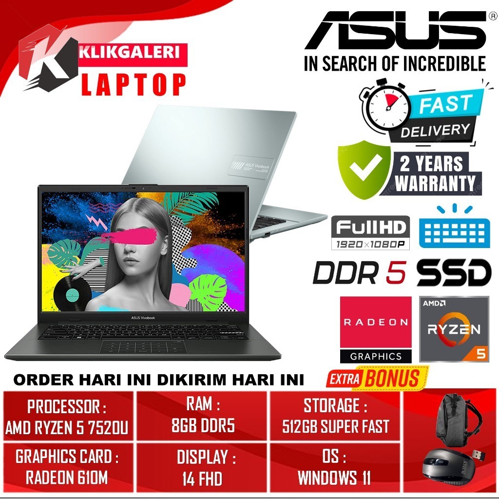 FROMO SPESIAL Laptop Gaming Asus Vivobook Go 14 E1404FA Amd Ryzen 5 7520U Ram 8GB DDR 5 512GB SSD Radeon 610M 14 Fhd Backlight Windows 11 Terlaris