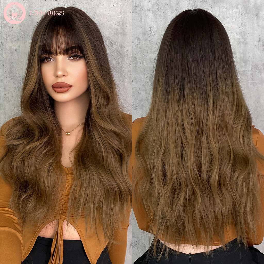 Pirucca Wig cokelat Ombre Wig keriting panjang dengan poni untuk wanita Ombre pirang panjang Wig ber
