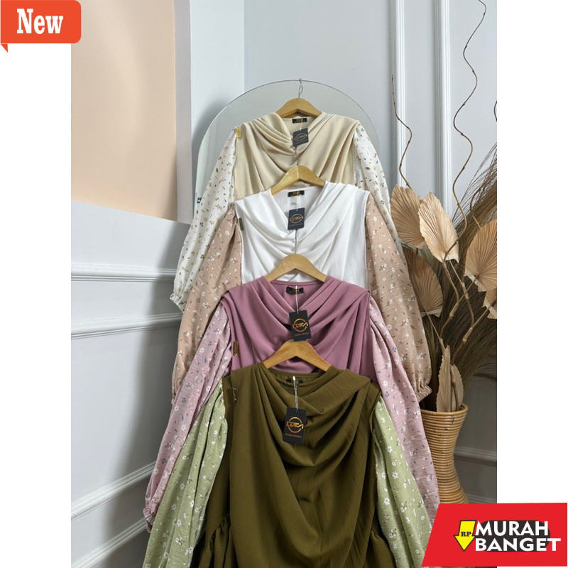 Gamis wanita untuk lebaran- DFM - Clemira Set Motip Syar’i Pasmina Oval Gamis Syar’i Wanita Bahan Cr